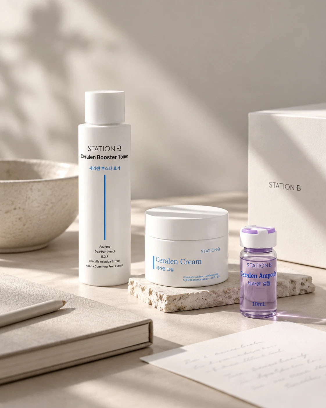 Ceralen skincare products arranged on a quiet workspace