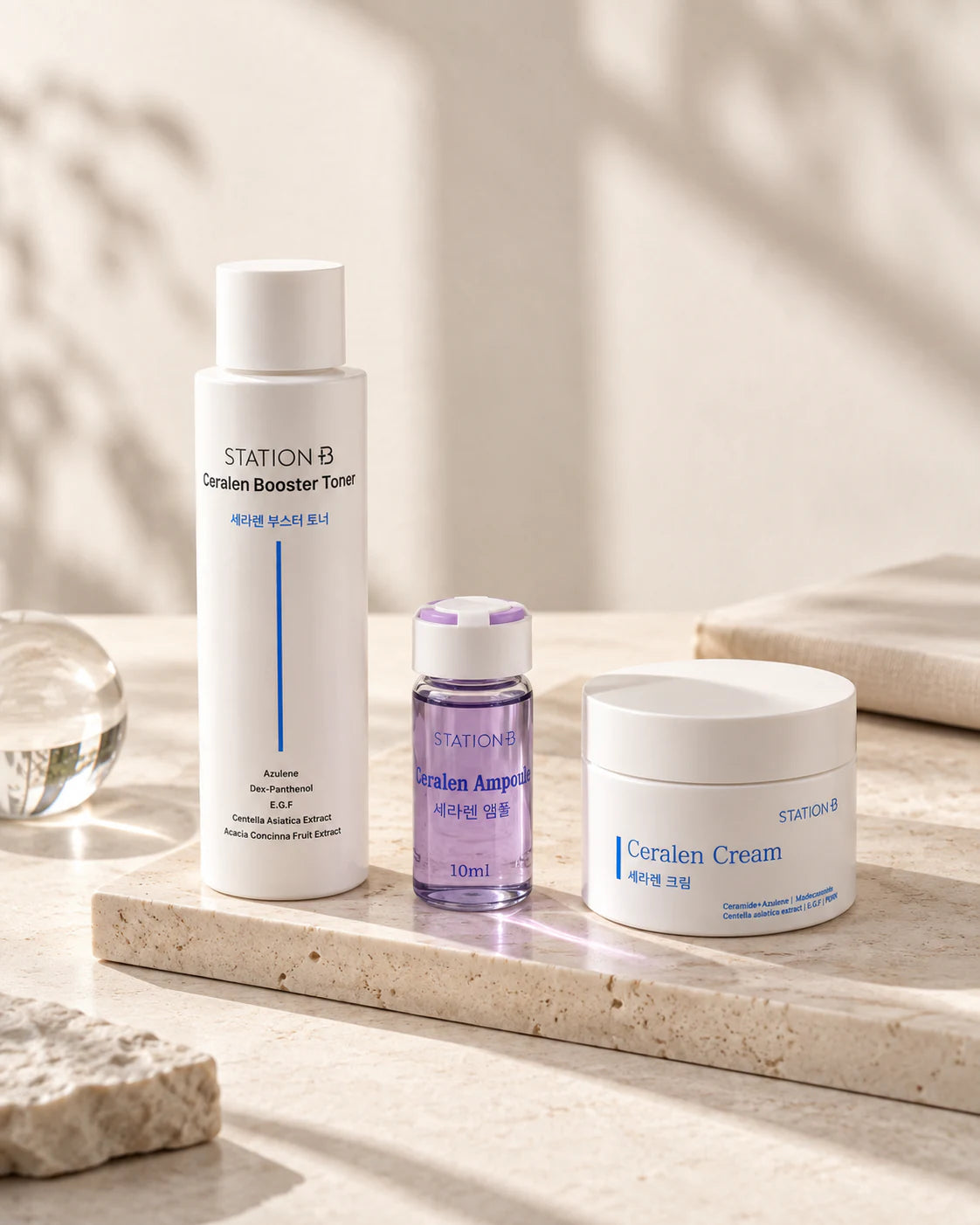 Ceralen toner, ampoule and cream arranged together